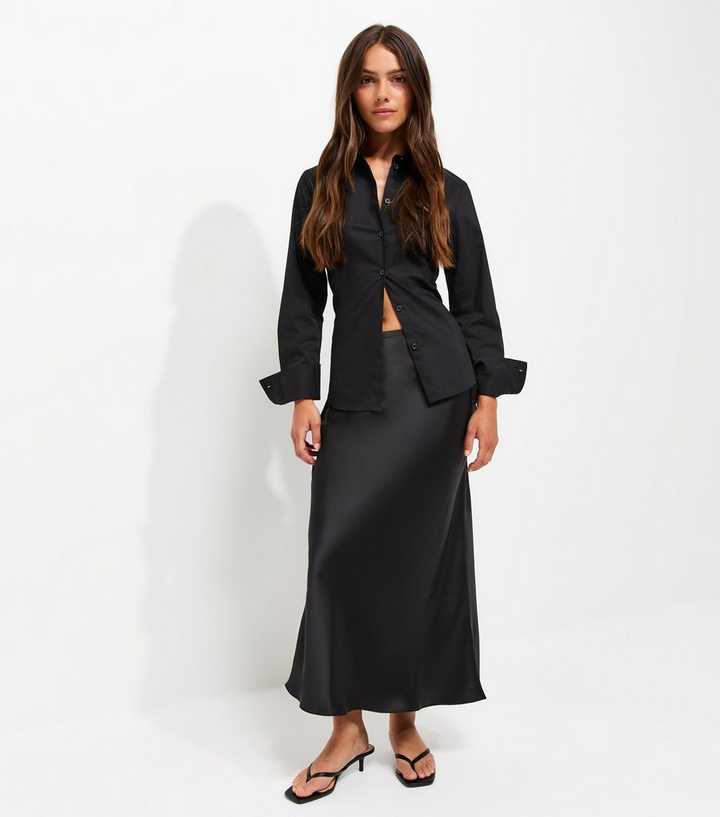 Petite Black Satin Bias Cut Midi Skirt
