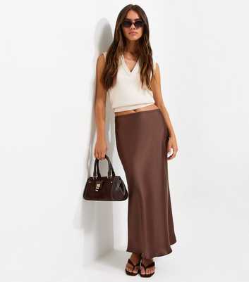 Petite Brown Satin Bias Cut Midi Skirt