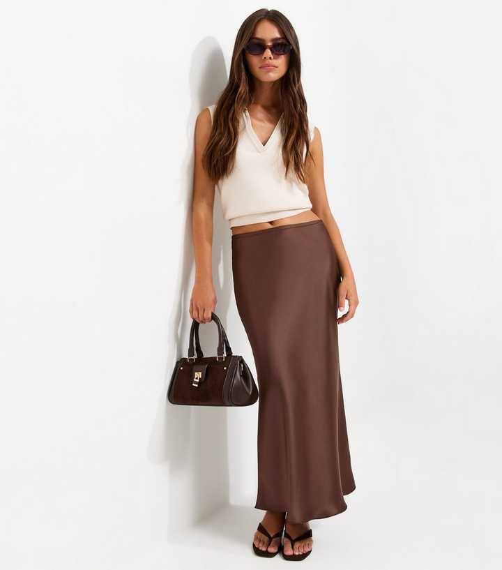 Petite Brown Satin Bias Cut Midi Skirt