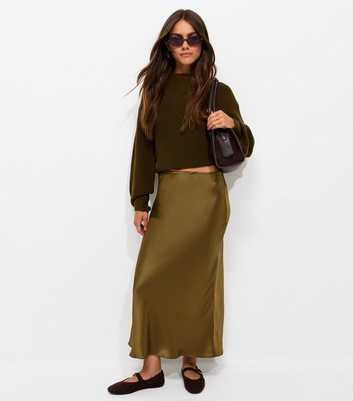 Petite Dark Khaki Satin Bias Cut Midi Skirt