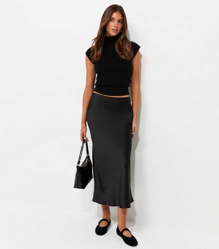 Black Satin Bias Cut Midi Skirt