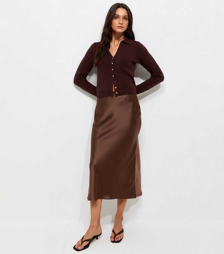 Brown Satin Bias Cut Midi Skirt
