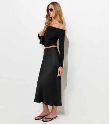 Tall Black Satin Bias Cut Midi Skirt
