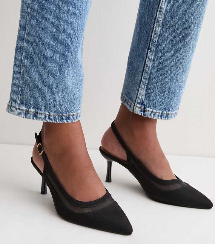 Black Faux Suede Mesh Cut Out Slingback Pumps