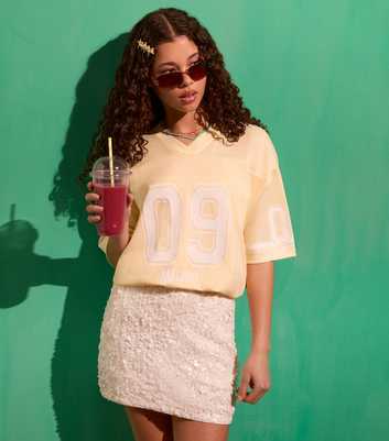 Girls Yellow 09 Malibu Print Satin Trimmed Football T-Shirt