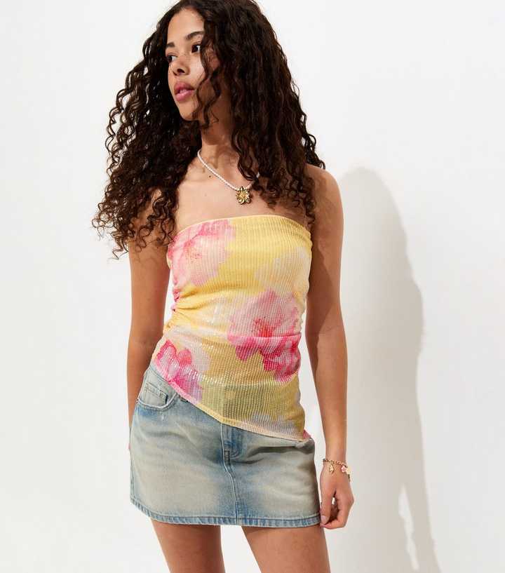 Girls Yellow Hibiscus Sequin Embellished Asymmetric Bandeau Top
