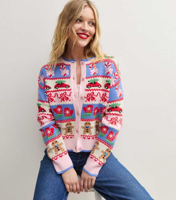 Pink Christmas Pattern Crew Neck Cardigan