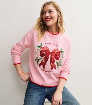 Pink Christmas Holly Sequin Bow Jumper
