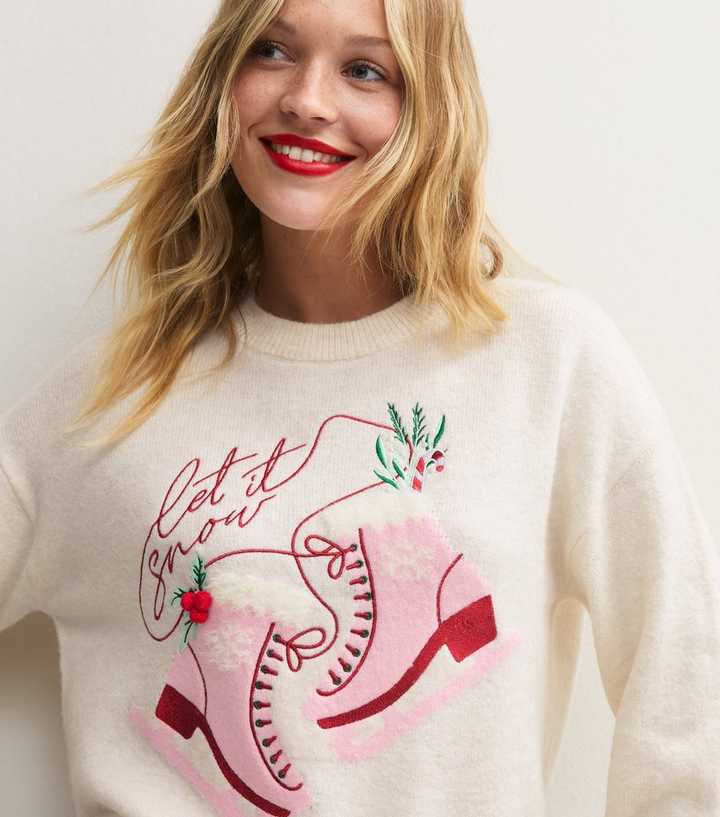 Cream Christmas Embroidered Ice Skates Jumper