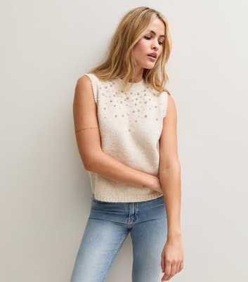 Oatmeal Embellished Brushed Knit Sleeveless Jumper