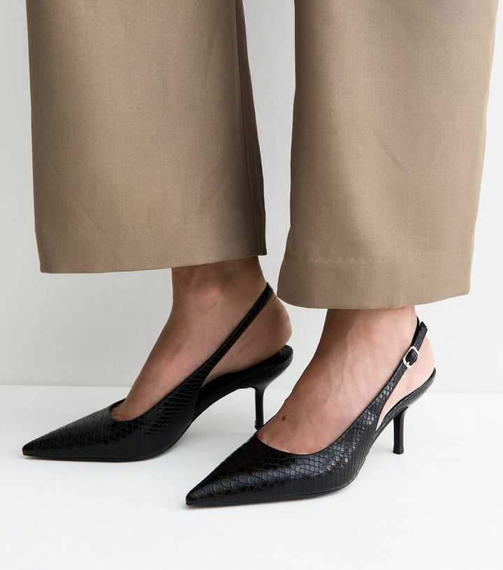 Black Faux Leather Snakeskin Embossed Slingback Heels