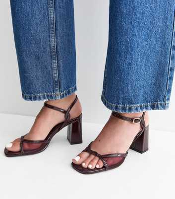 Dark Burgundy Faux Leather Twist Strap Block Heel Sandals
