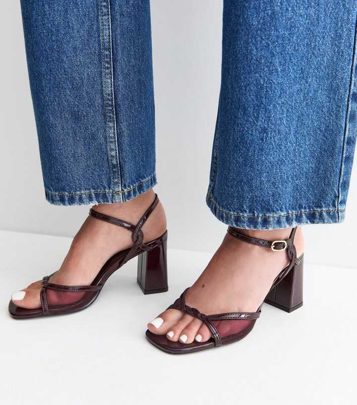 Dark Burgundy Faux Leather Twist Strap Block Heel Sandals