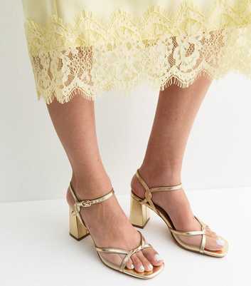 Gold Faux Leather Twist Strap Block Heel Sandals