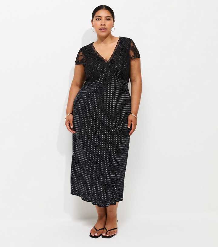 Curves Black Polka Dot Lace Bust Cap Sleeve Midi Dress