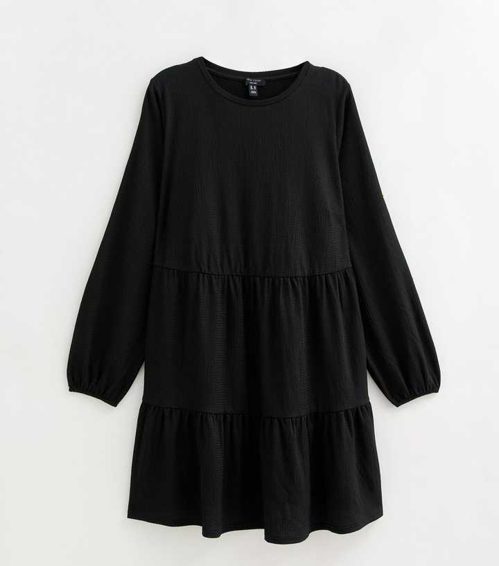 Curves Black Crinkle Texture Long Sleeve Smock Mini Dress