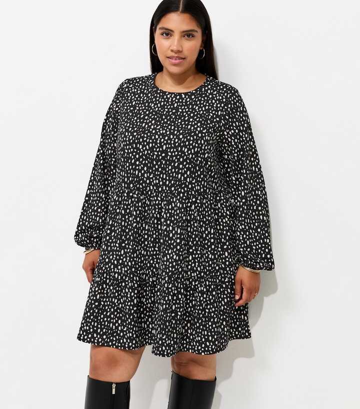 Curves Black Crinkle Texture Abstract Print Mini Smock Dress