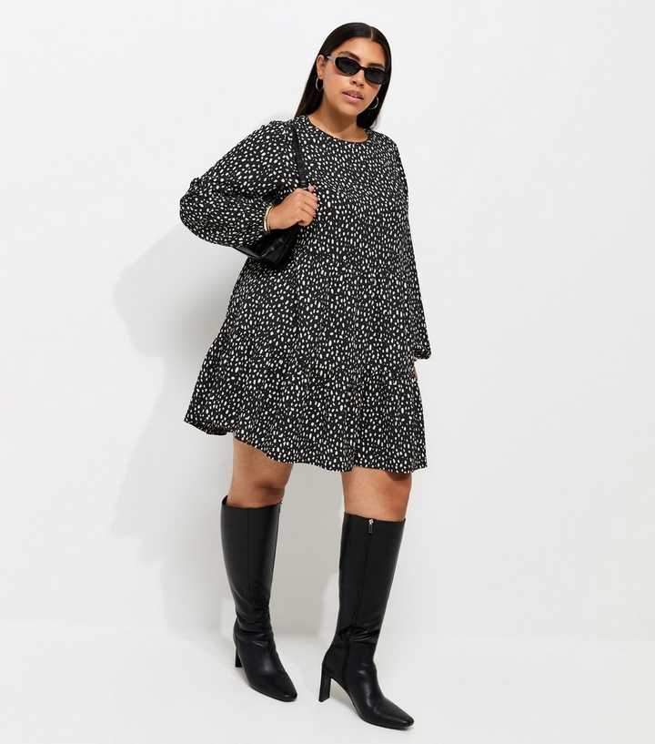 Curves Black Crinkle Texture Abstract Print Mini Smock Dress