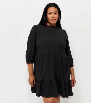Curves Black Crew Neck Cropped Sleeve Mini Smock Dress
