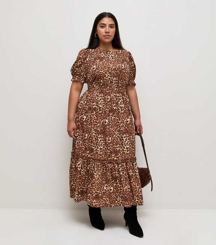 Curves Brown Leopard Print Crepe Short Sleeve Midi Dress