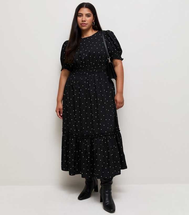 Curves Black Polka Dot Crepe Short Sleeve Midi Dress