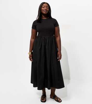 Curves Black Cotton Rich Drop Waist Short Sleeve Midi Dress