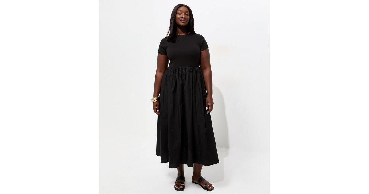 Curves Black Cotton Rich Drop Waist Short Sleeve Midi Dress