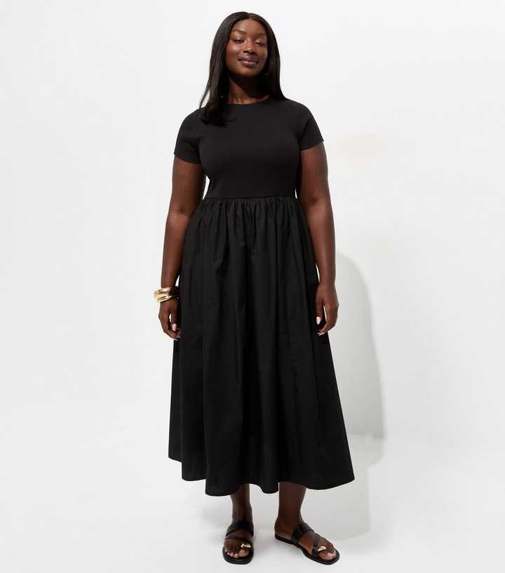 Curves Black Cotton Rich Drop Waist Short Sleeve Midi Dress