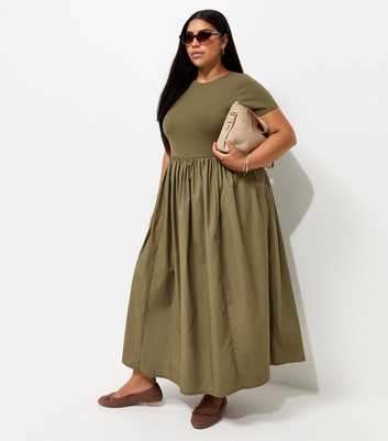 Curves Dark Khaki Cotton Rich Drop Waist Short Sleeve Midi Dress