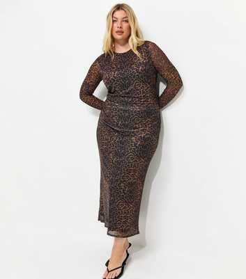 Curves Black Leopard Print Ruched Mesh Midi Dress