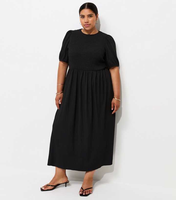 Curves Black Shirred Bodice Short Sleeve Midi Dress