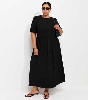 Curves Black Shirred Bodice Short Sleeve Midi Dress