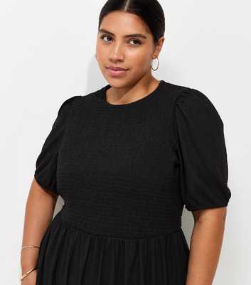 Curves Black Shirred Bodice Short Sleeve Midi Dress