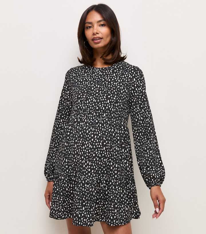 Maternity Black Patterned Long Sleeve Crinkle Texture Smock Mini Dress