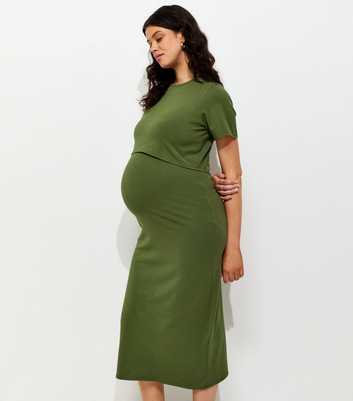 Maternity Dark Khaki Cotton Rich Double Layer Midi Dress