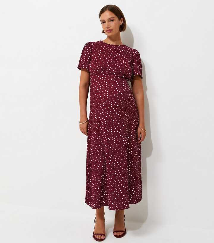 Maternity Red Spot Print Crinkle Texture Midi Dress