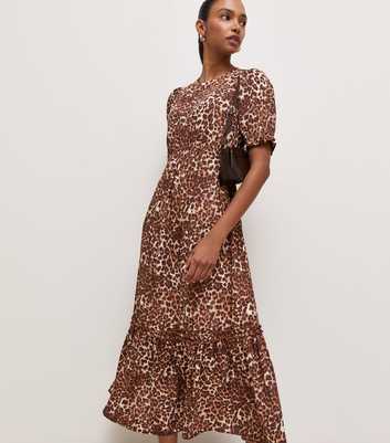 Brown Crepe Leopard Print Short Sleeve Midi Dress