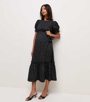 Maternity Black and White Polka Dot Puff Sleeve Midi Dress