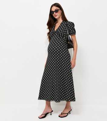 Maternity Black Spot Print Lace Trim Midi Dress