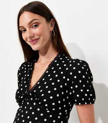 Maternity Black Spot Print Lace Trim Midi Dress