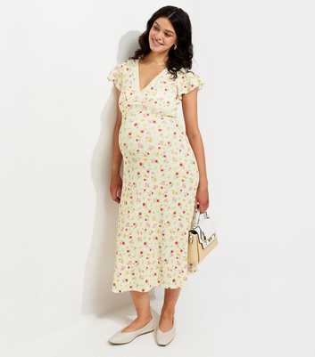 Maternity Cream Floral Flutter Sleeve Lace Trim Midi Dress