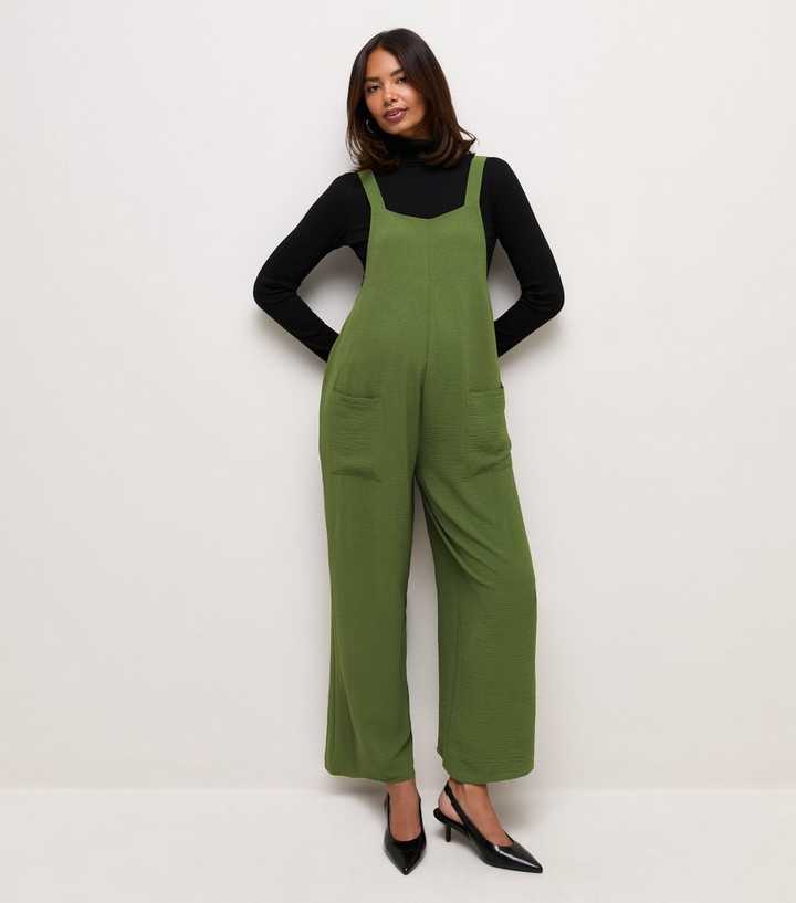 Maternity Dark Green Crinkle Texture Jumpsuit