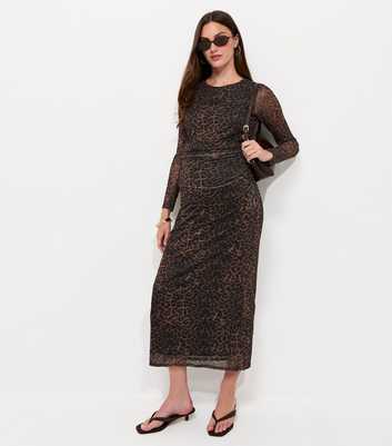 Maternity Brown Leopard Print Crew Neck Ruched Mesh Midi Dress
