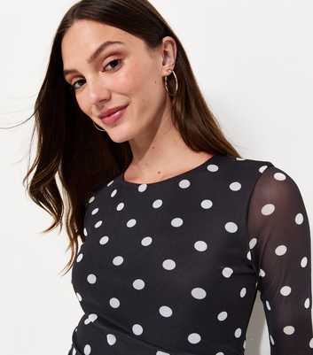 Maternity Black Spot Print Crew Neck Ruched Mesh Midi Dress