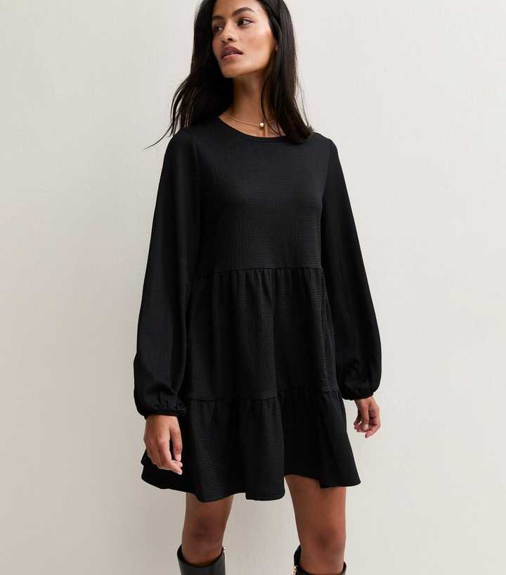 Petite Black Long Sleeve Crinkle Smock Mini Dress