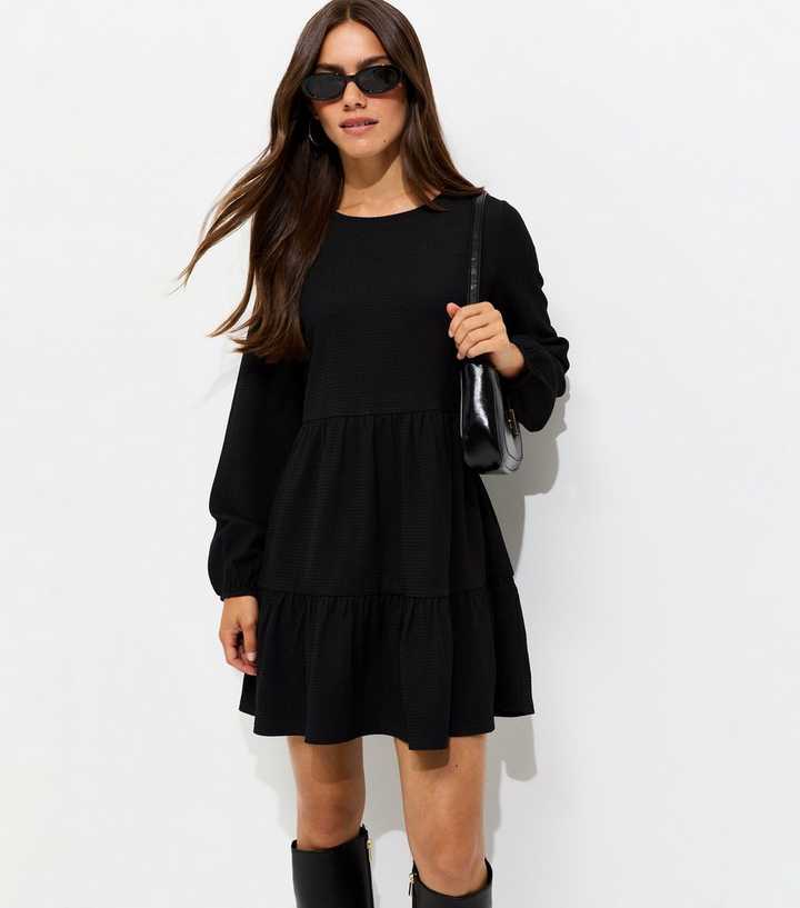 Petite Black Long Sleeve Crinkle Smock Mini Dress