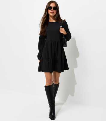 Petite Black Long Sleeve Crinkle Smock Mini Dress