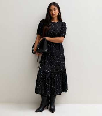 Petite Black Crepe Spot Print Short Sleeve Midi Dress