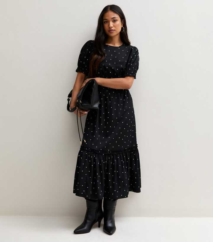 Petite Black Polka Dot Crepe Puff Sleeve Midi Dress