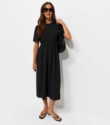 Petite Black Woven Texture Shirred Bodice Midi Dress
